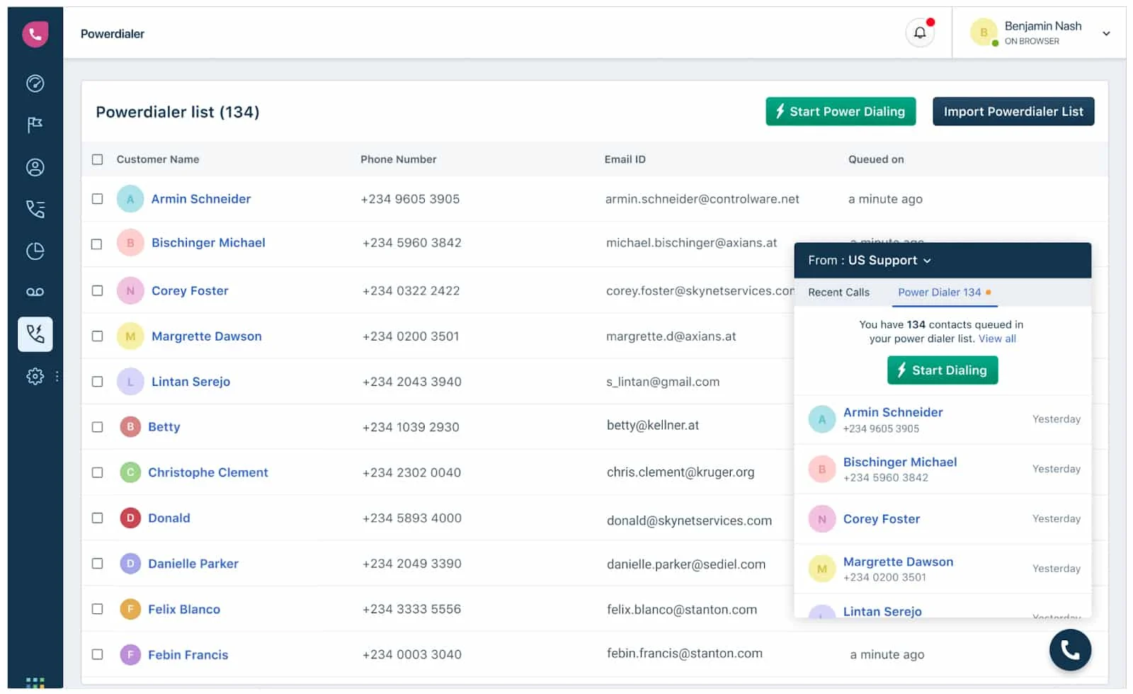 Powerdialer sample list from Freshdesk with Power Dialer buttons.