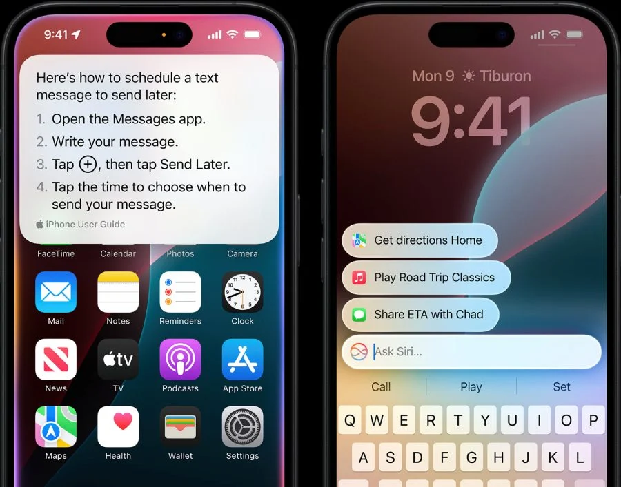 iPhone screenshots showing how to schedule a text message using the Messages app and Siri shortcuts for directions, music, and ETA sharing on iOS.