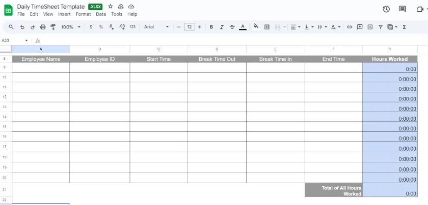 Daily timesheet template with columns for employee name, start and end times, and total hours worked.