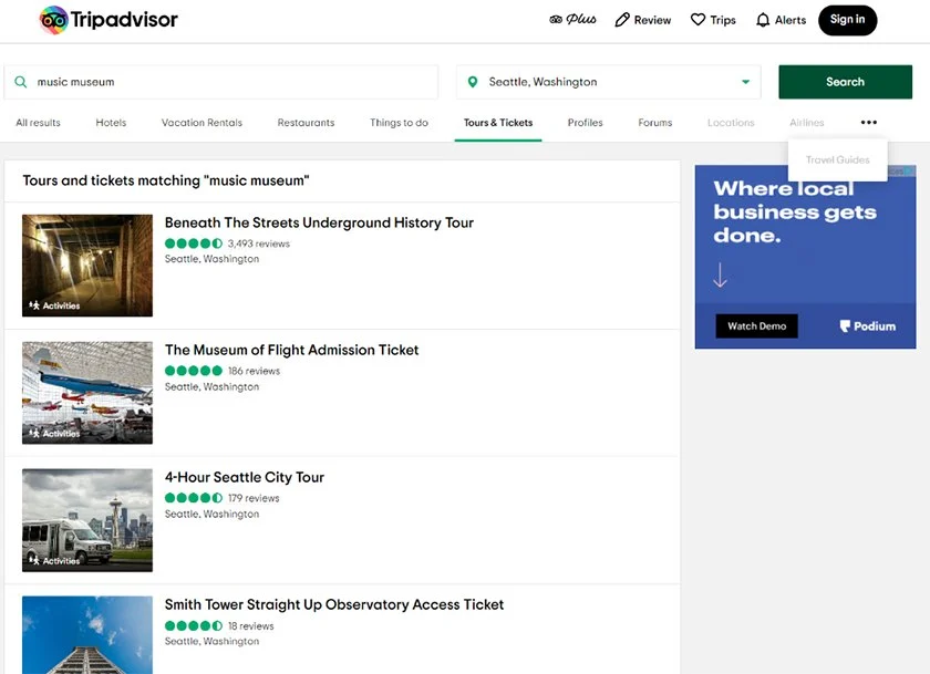 Sample listings for a museum on the TripAdvisor website.