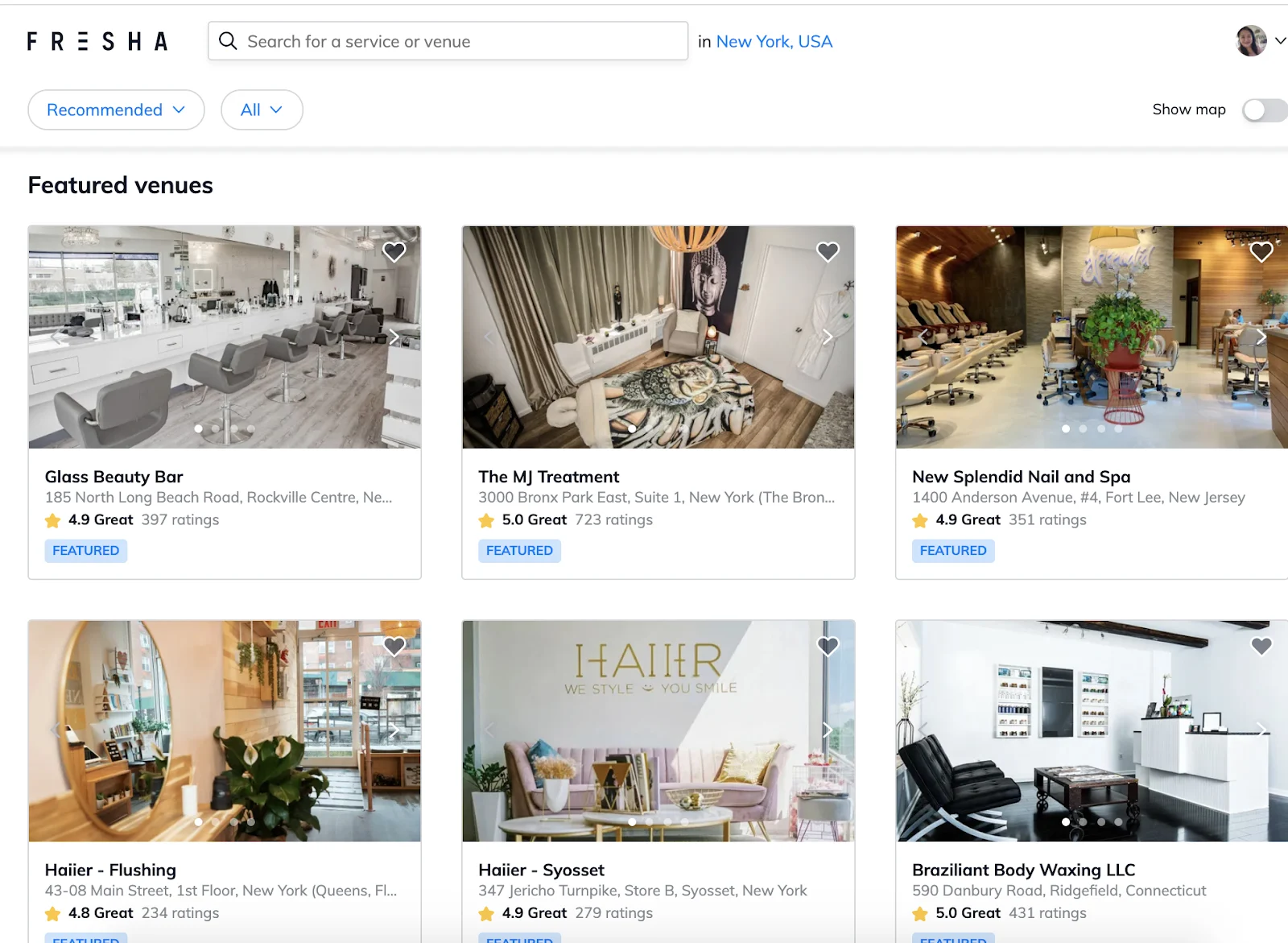 List of services and venues from Fresha marketplace.