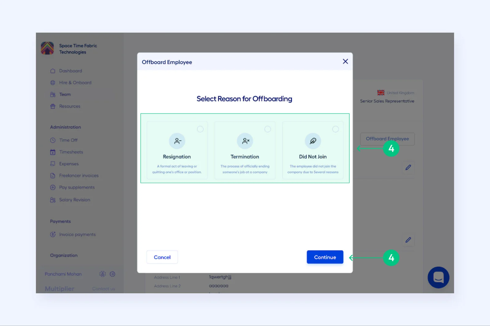 A snapshot of Multiplier's offboarding reason options.