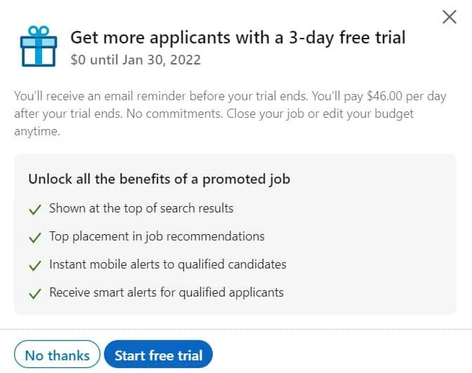 Choosing no thanks or start free trial.