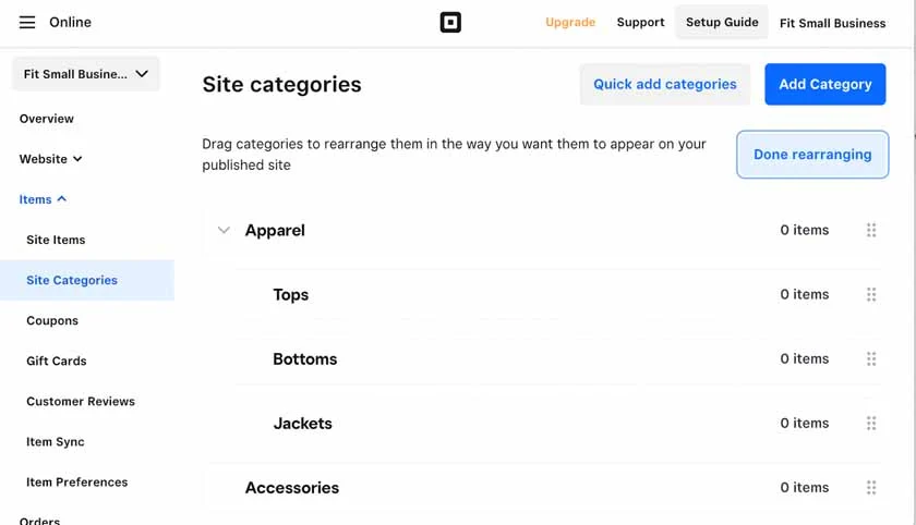 Square's Site Categories page under "Items" where you can add and arrange product categories via drag-and-drop.