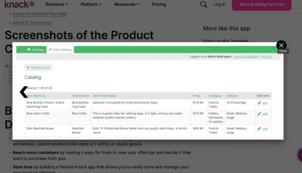 Knack product catalog
