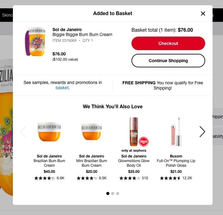 Product suggestion pop-up for additional related beauty products on Sol de Janeiro purchase