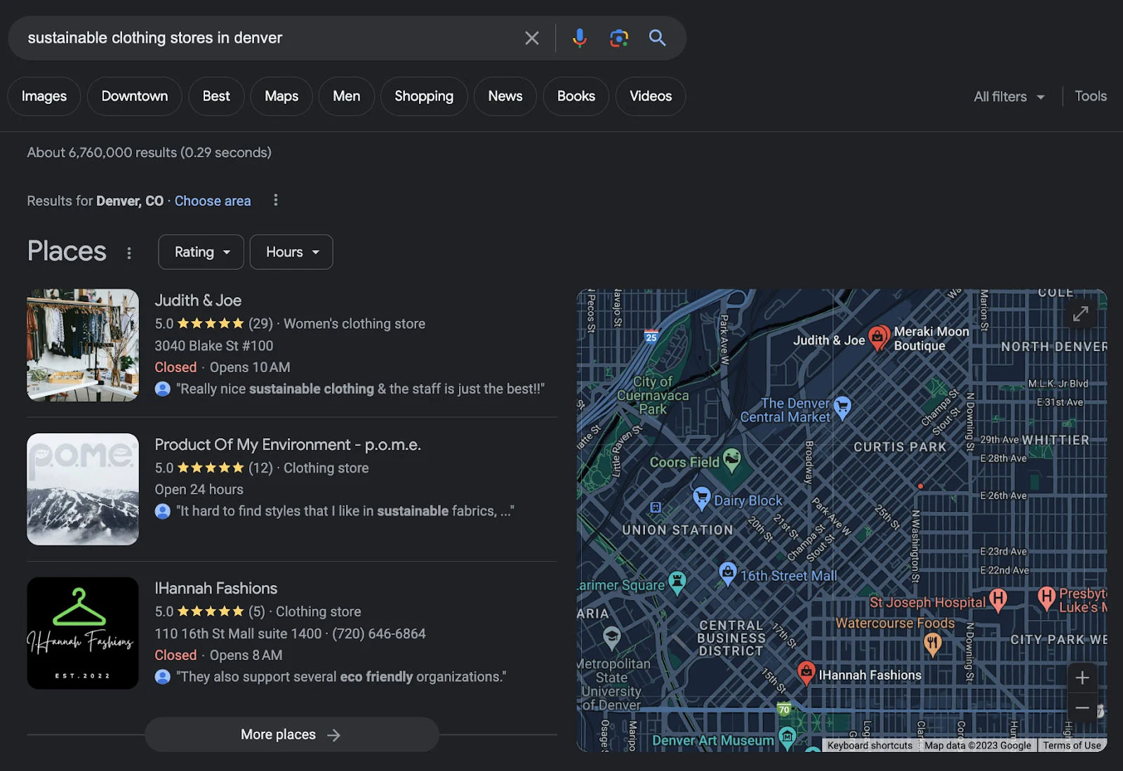 Google Search showing business and map results for sustainable clothing stores in Denver.