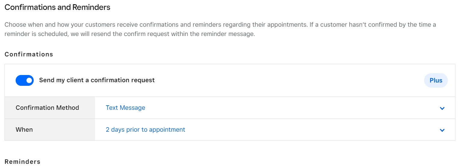 Square Appointments confirmations and reminders settings page.