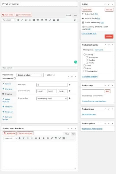 Adding product manually in the WooCommerce dashboard.