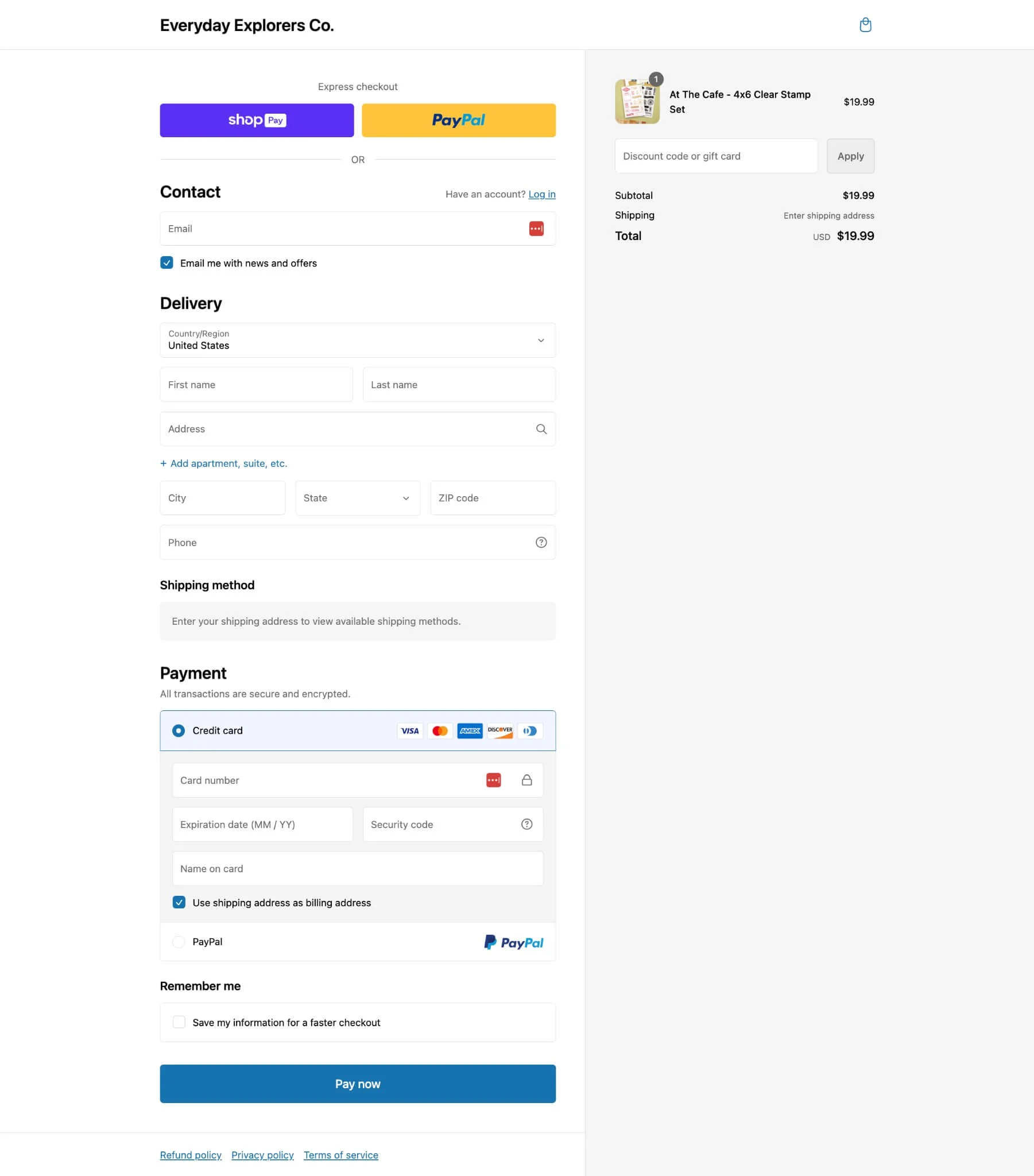 an example of a Shopify one-page checkout featuring shop pay