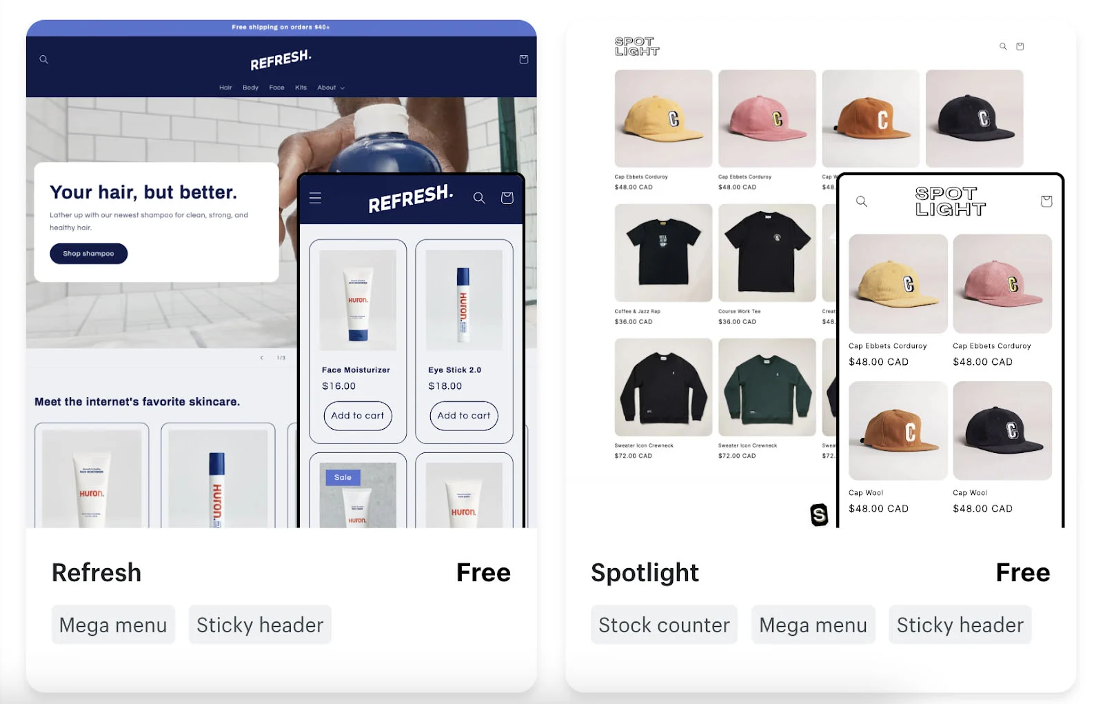 Screenshot of Shopify's free themes Refresh and Spotlight.
