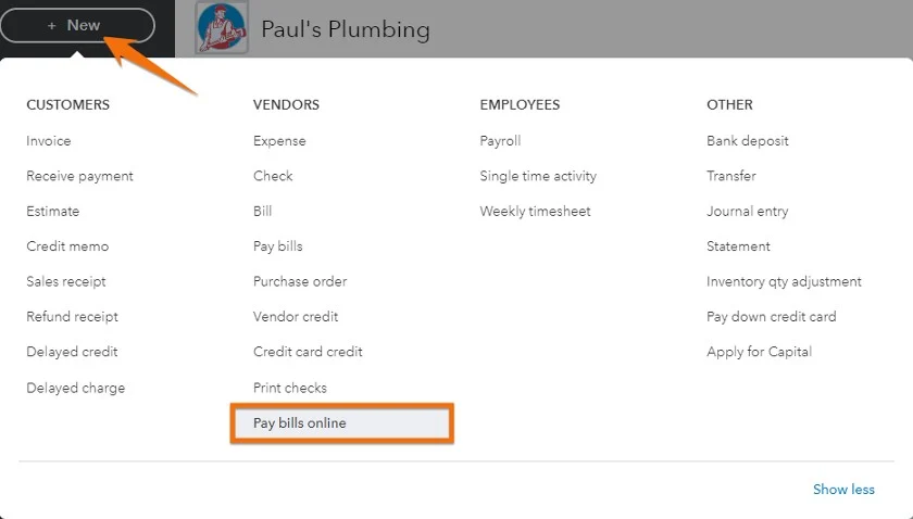 Accessing Pay Bills Online in QuickBooks Online.