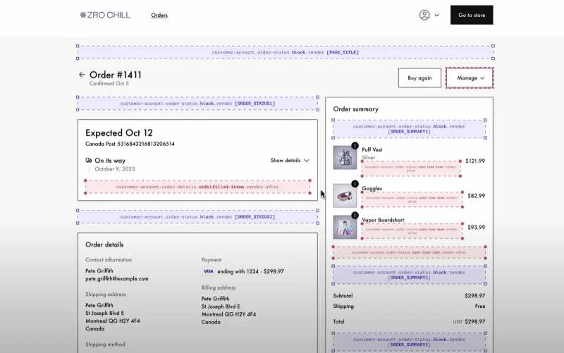 shopify customer account page customized with checkout extensibility.