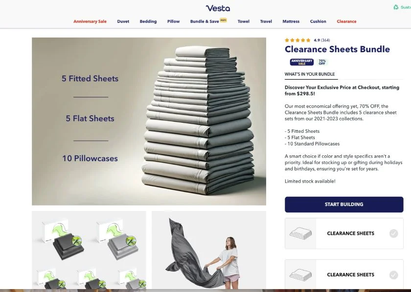 Vesta sheets product page for a clearance sheet bundle that includes 20 items in total.