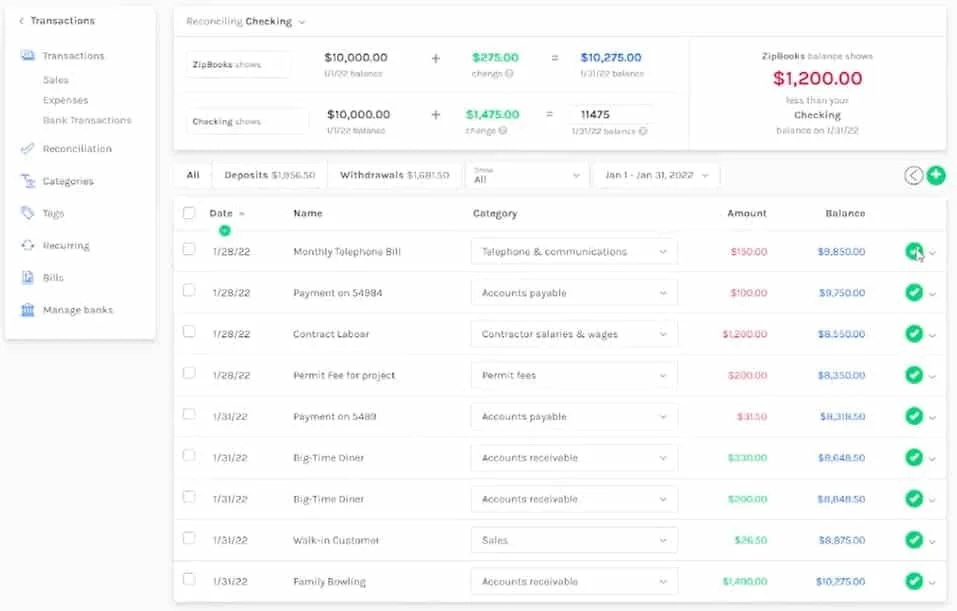 ZipBooks's Checking Account Balance and list of transaction history.