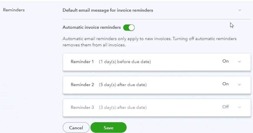 Invoice reminder preferences in QuickBooks Online.