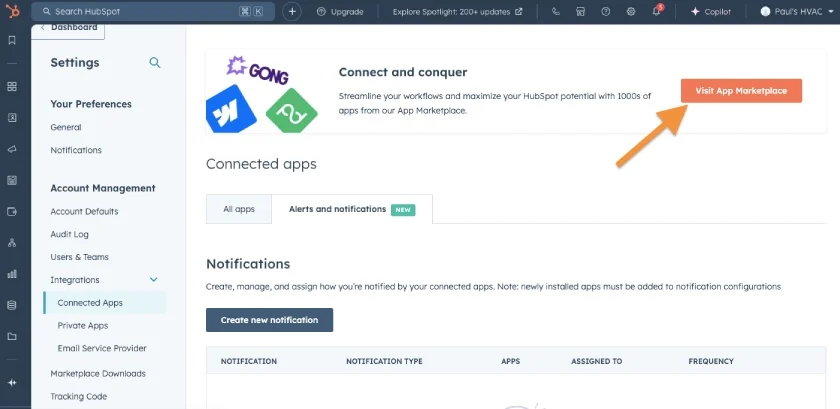 Screen showing how to navigate to the HubSpot App Marketplace.