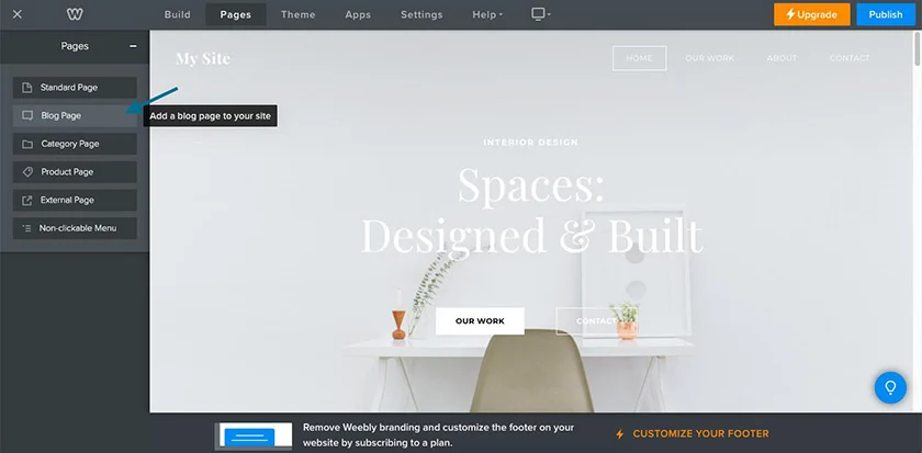 Adding a new blog page under the Pages tab.