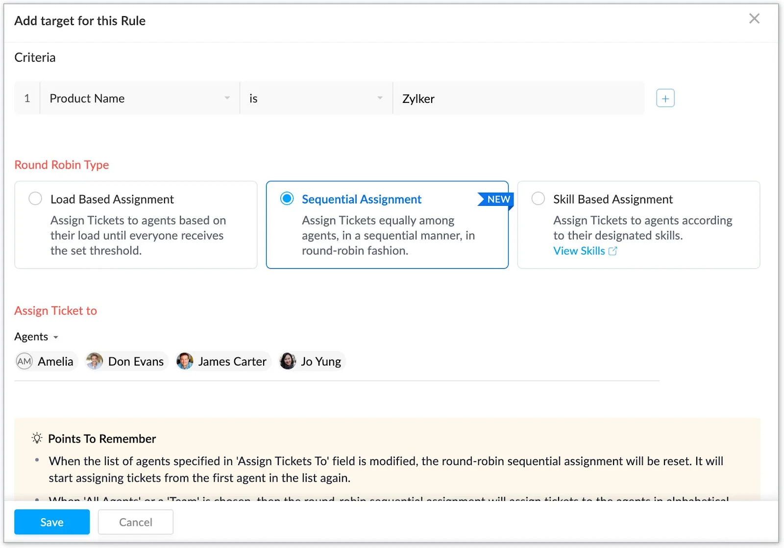 Zoho Desk’s round-robin ticket assignment rule.