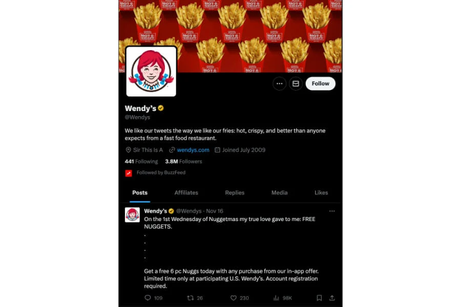 Wendy's restaurant's X profile
