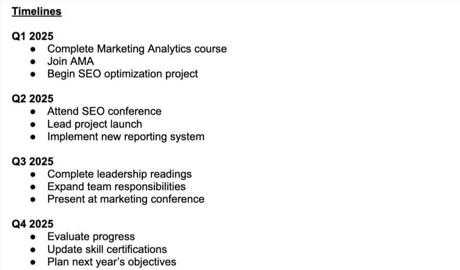 The timeline section indicates the deadline for each objective