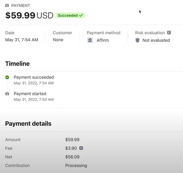 Affirm BNPL transaction details.