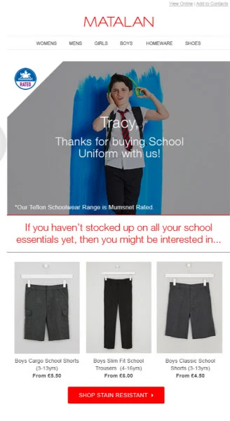 A cross-selling email from a kids retail brand promoting related items to the recipient's recent purchase.