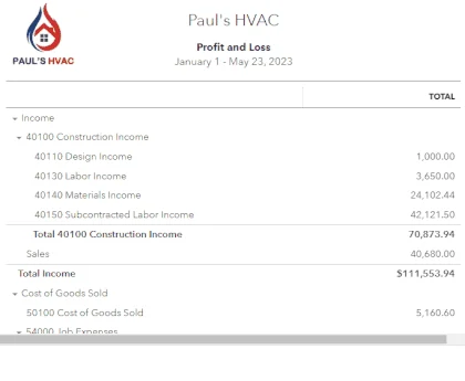Sample detailed profit and loss report in QuickBooks Online