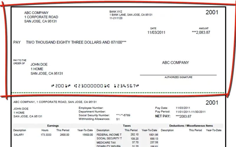 ePaycheck sample check showing it works for 3-part check stock.