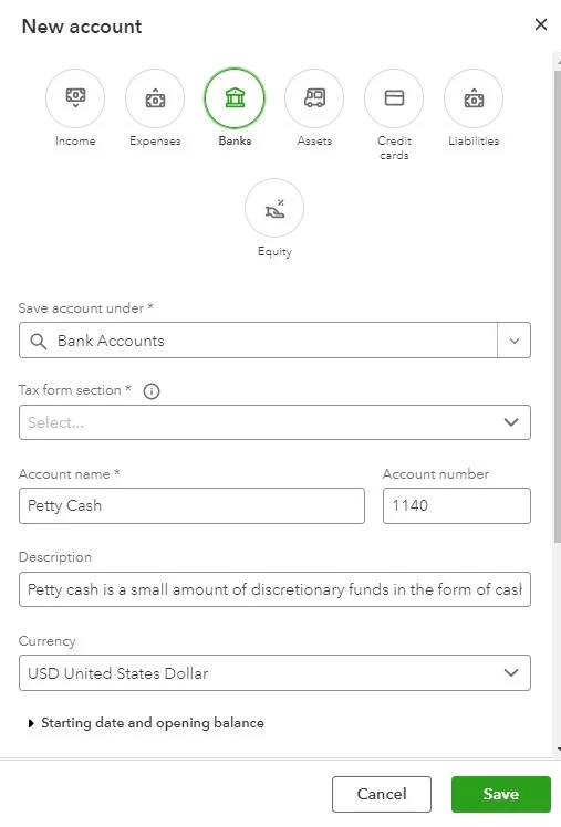 Creating a Petty Cash Account.