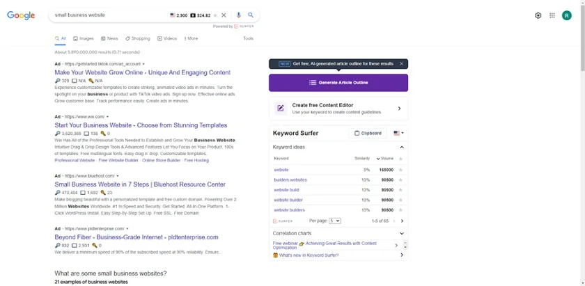 Screenshot of Keyword Surfer results in SERPs.