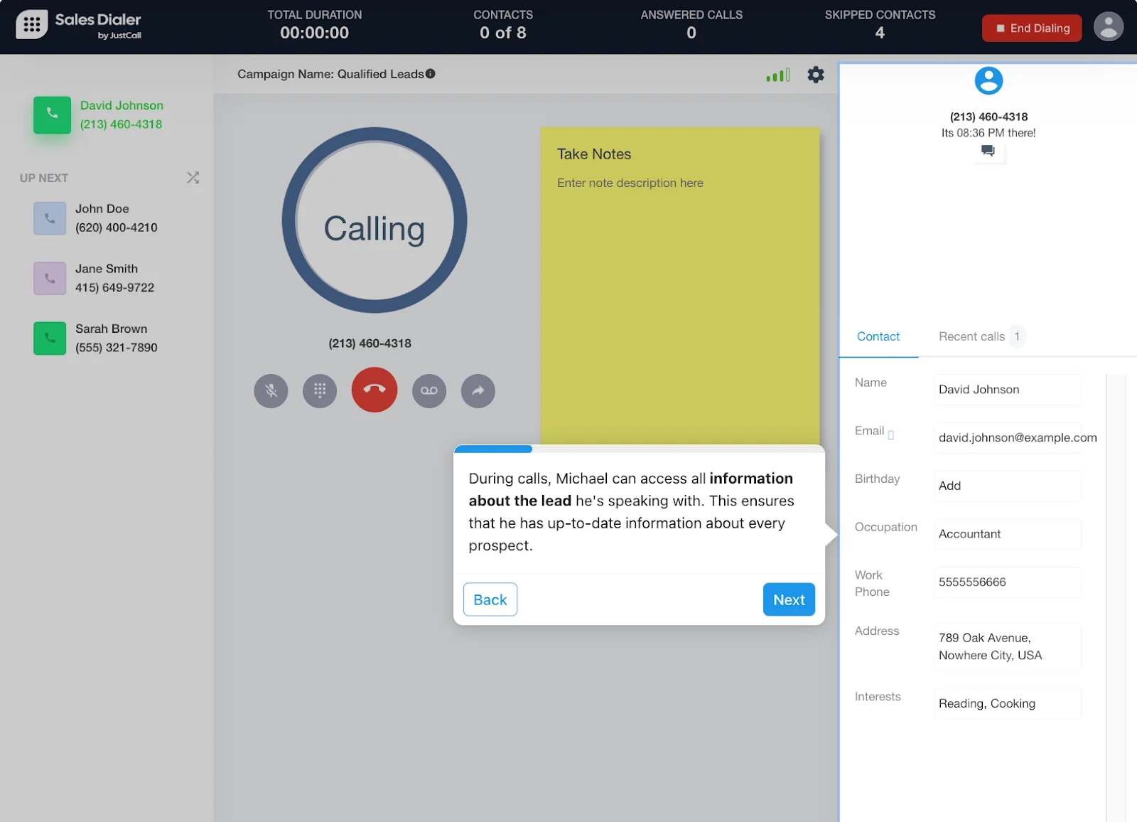 JustCall sales dialer screen with on-call screen, agent notes, and customer information on the sidebar.