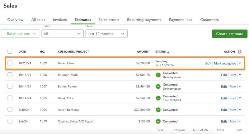 Estimate tracker in QuickBooks Online highlighting an estimate that is recently created