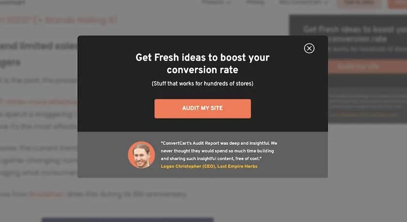 Ecommerce site ConvertCart's landing page from their website.