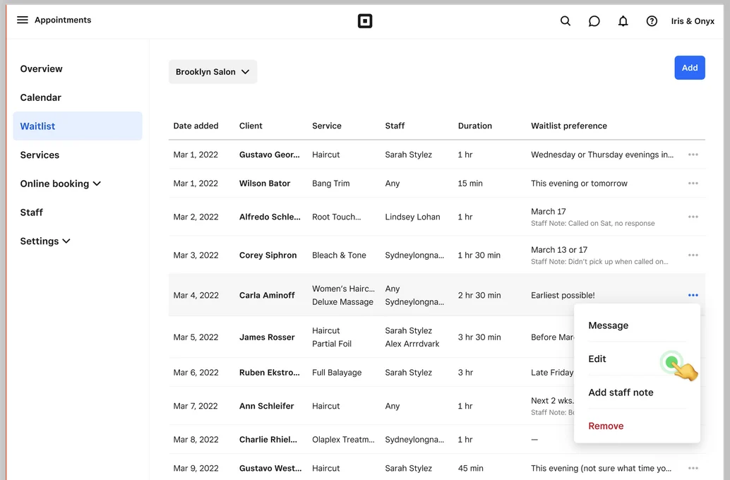 Waitlist screen with dates, client names, and other information.