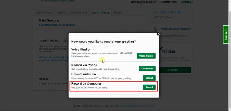 Grasshopper interface showing options for greeting recordings with the "Record by Computer" highlighted in a red box.