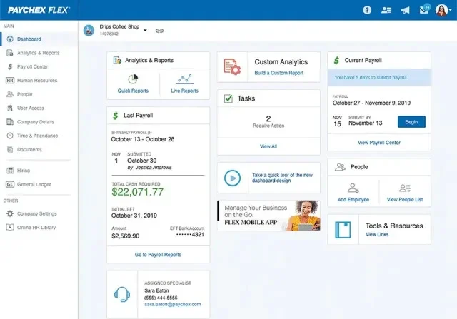 payroll dashboard with boxes for tasks and people managment.