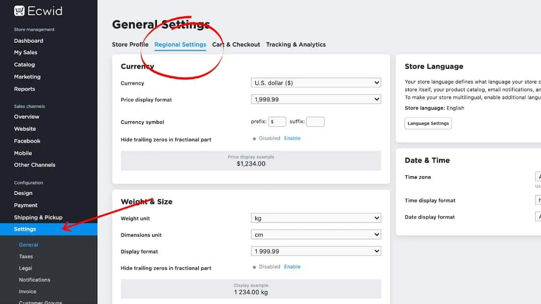 Configuring store regional settings.