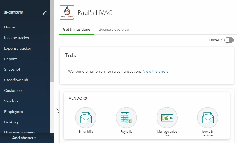 Using the + Add shortcut button to customize the left navigation menu in the QuickBooks Online desktop app.