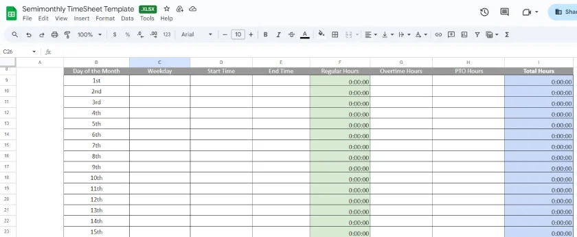 Semimonthly timesheet template with columns for start and end times, overtime hours and PTO hours.