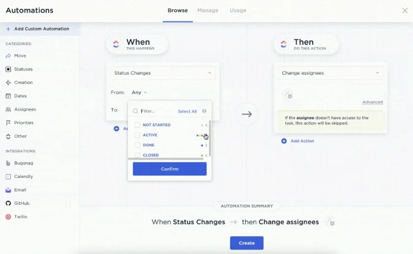 ClickUp's automation feature for streamlining work assignments with each status change.