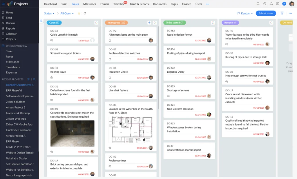Zoho Projects' Kanban board