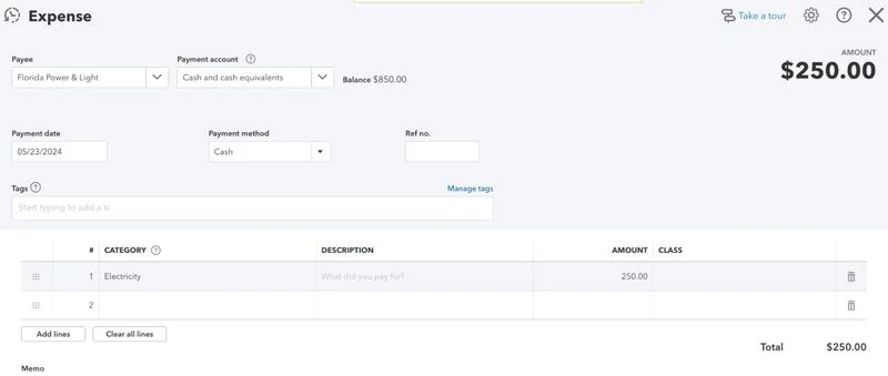 Screen where you can record a new expense in QuickBooks Online.