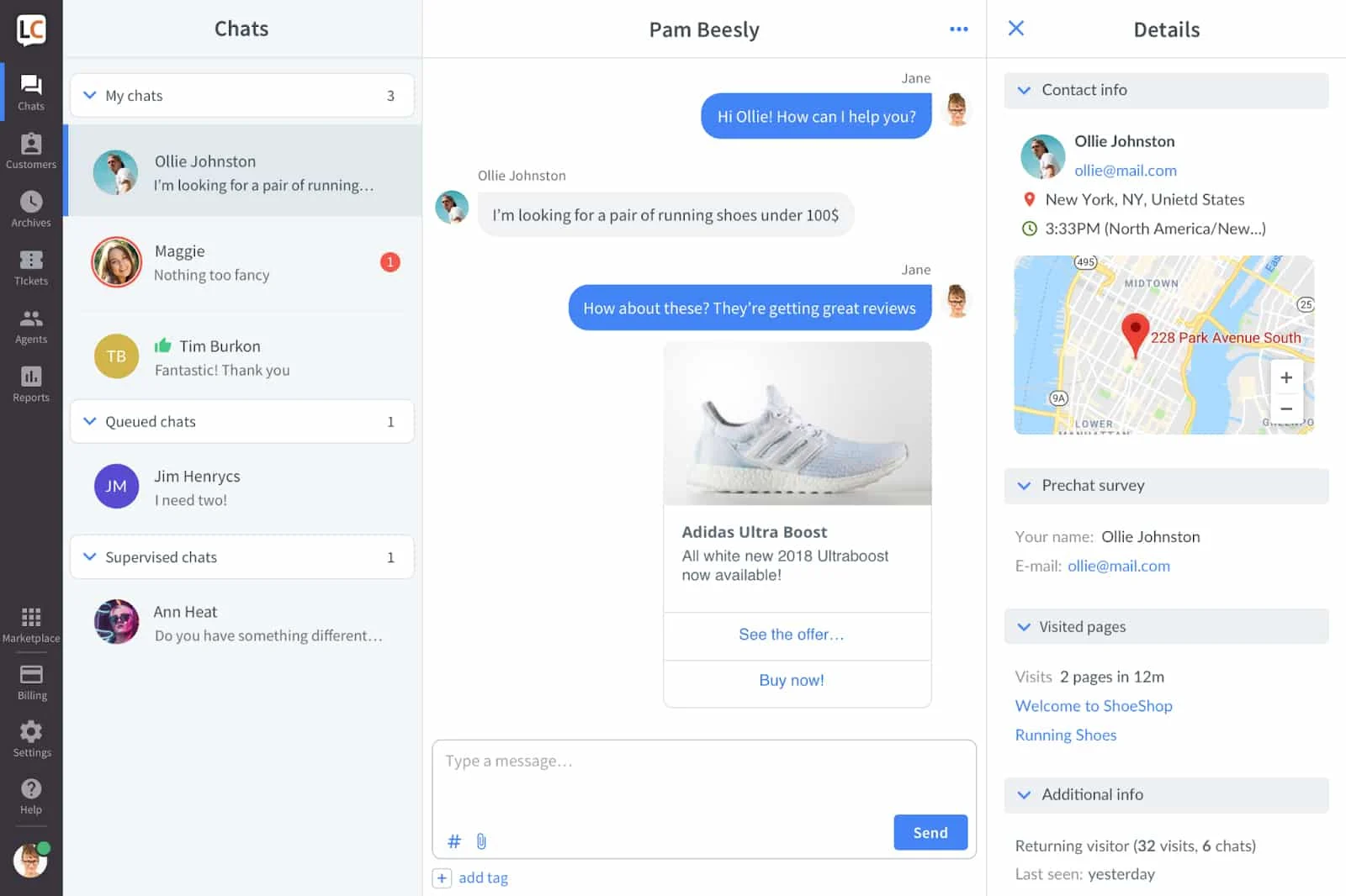 Screenshot of LiveChat live chat