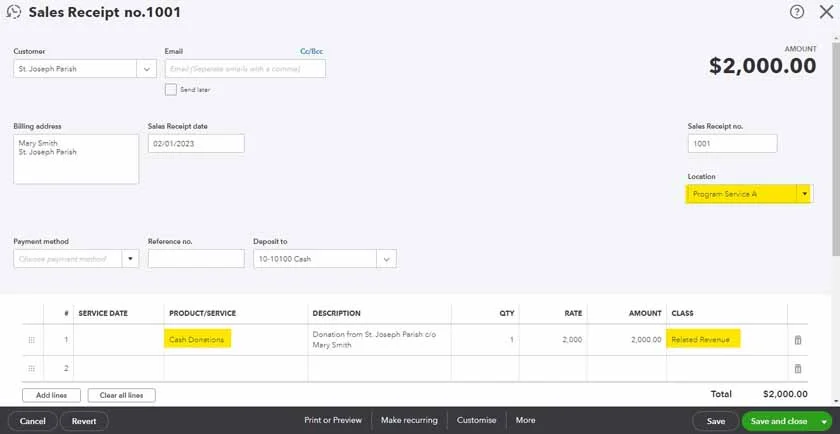 An image showing how to add a cash donation via sales receipt window in QuickBooks Online.