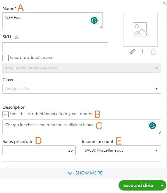 Upper section of the Product/service information screen showing fields like Name, Description, and Sales price/rate.