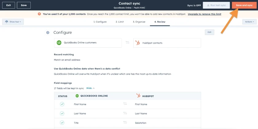 Screen where you can finalize and review your data before syncing between QuickBooks Online and HubSpot.