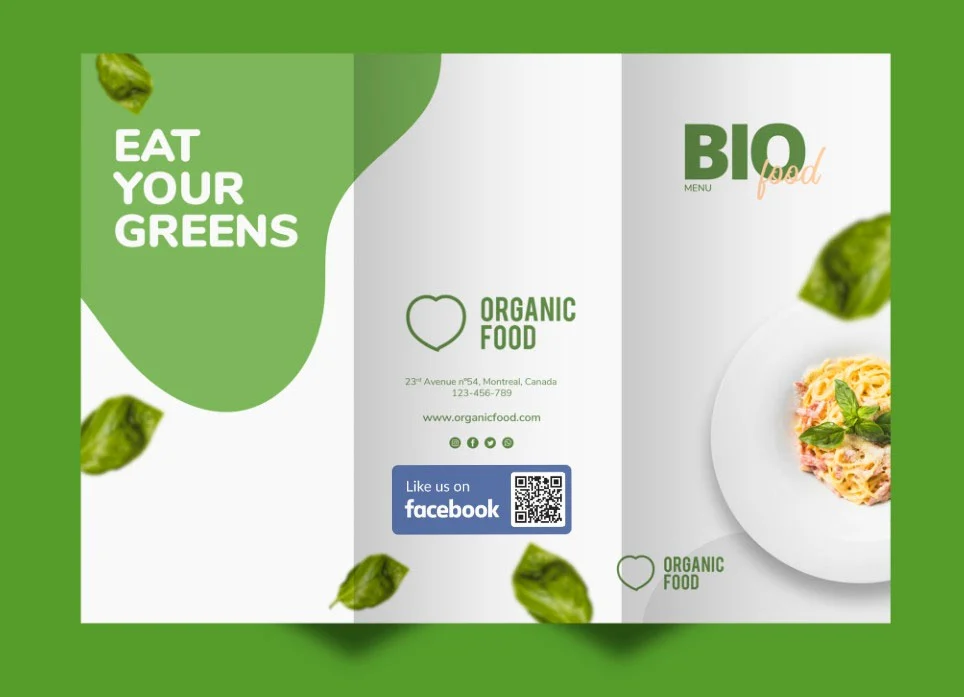 Brochure for a food company with a QR code in the center.