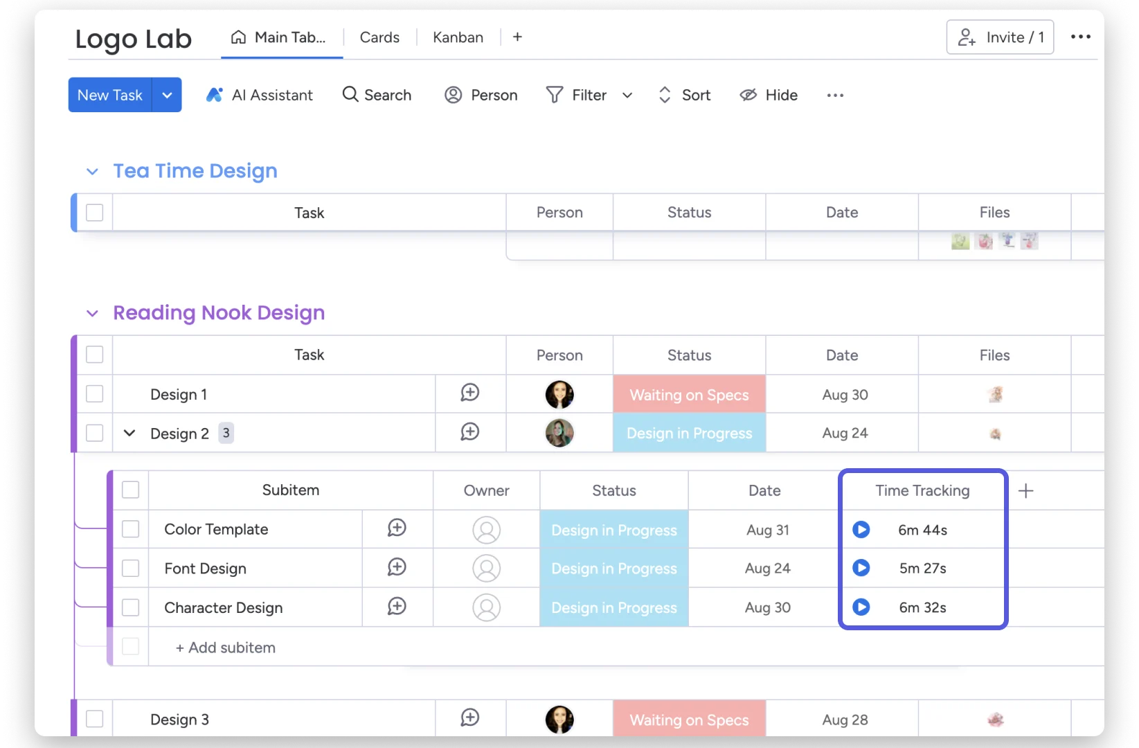monday.com board with time tracking column