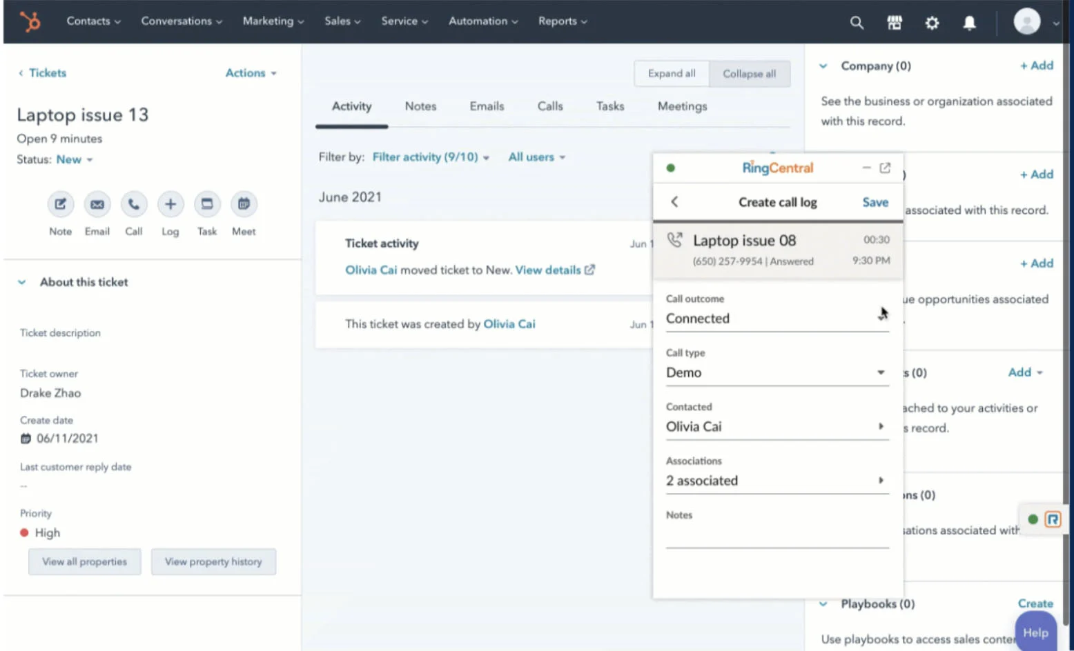 HubSpot interface showing a customer ticket on the left side of the screen, a history of ticket activities on the center, and a RingCentral pop-up window that requires the user to create a call log.